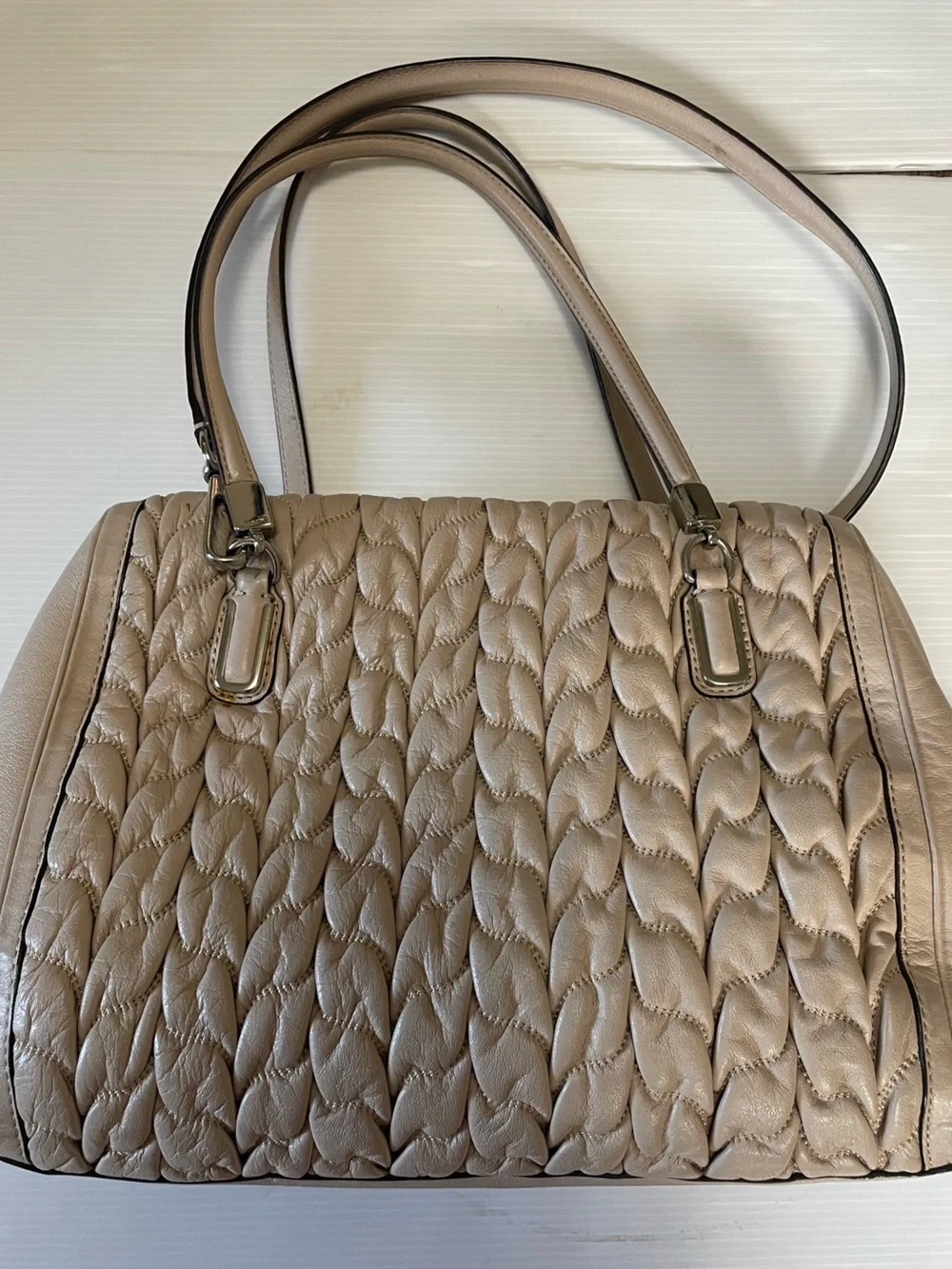 Coach Madison Gathered Chevron Leather Madeline Satchel Soft Putty Beige
